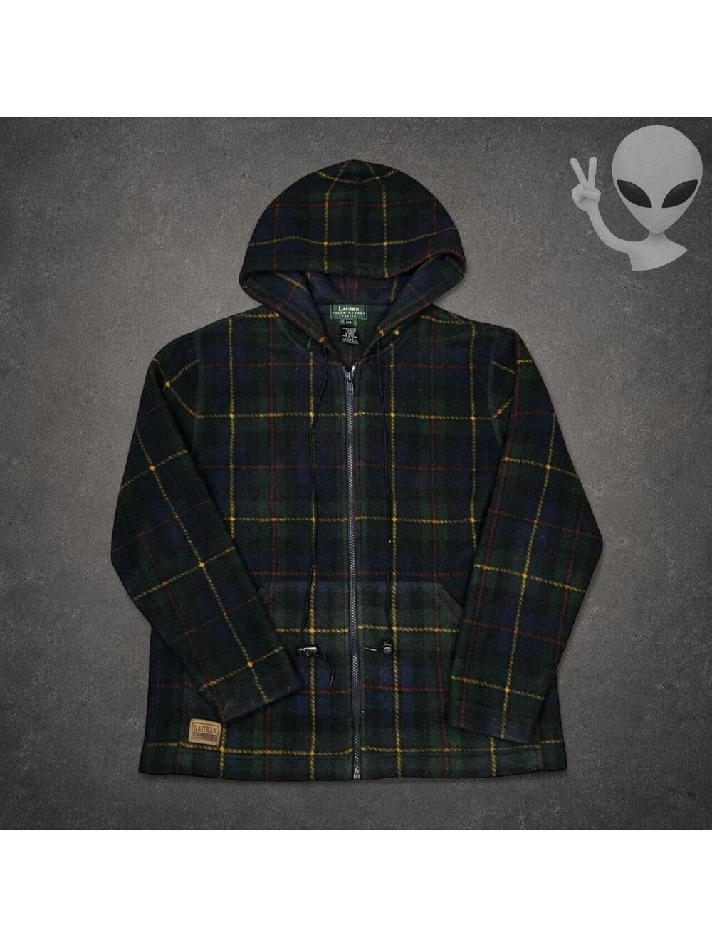Lauren Ralph Lauren Jacket Womens Petite Large Green Plaid Fleece Zip Up Hoodie